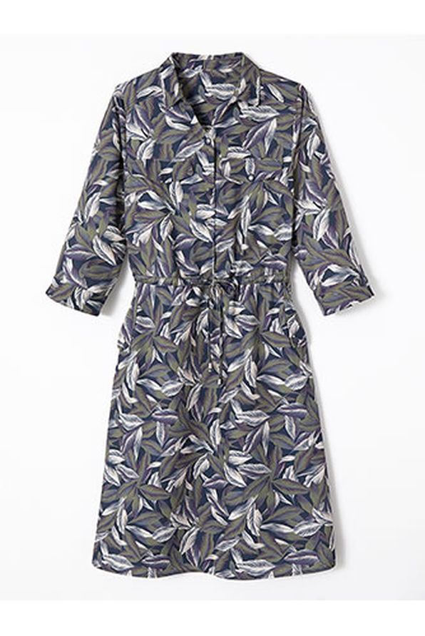 Robe crêpe stretch imprimé feuilles taille resserrable