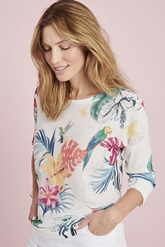 Pull maille ruban imprimé tropical