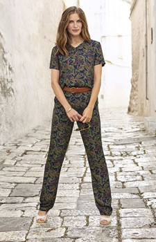 Pantalon enfilable Satin mat fluide imprimé feuilles