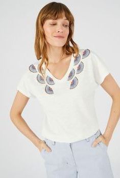 T-shirt maille flammée pur coton détails fantaisie