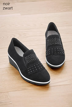 Mocassins compensés franges et strass croûte de cuir vachette