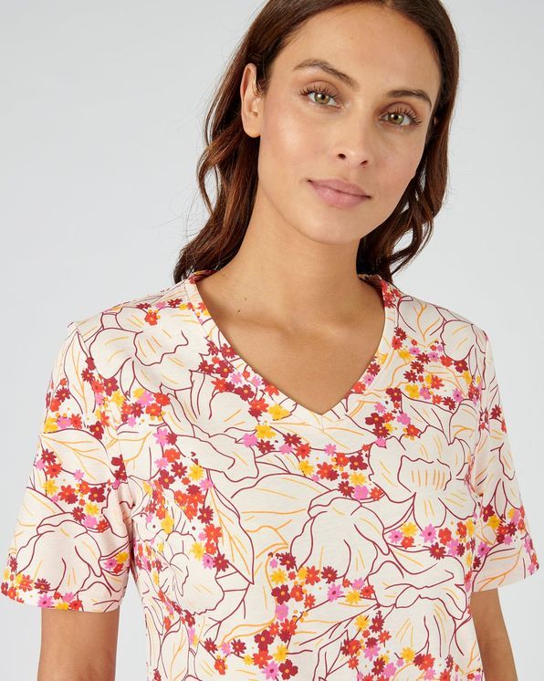 T-shirt Damart Femme Motif Feuilles - Coupe Standard, Manches Courtes, 100% Coton (taille 54/56)