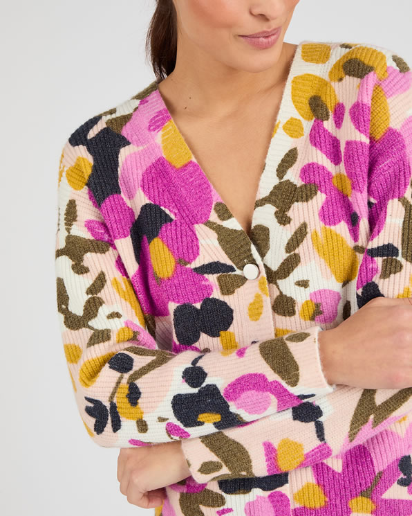 Gilet maille moelleuse côtelée imprimé fleurs