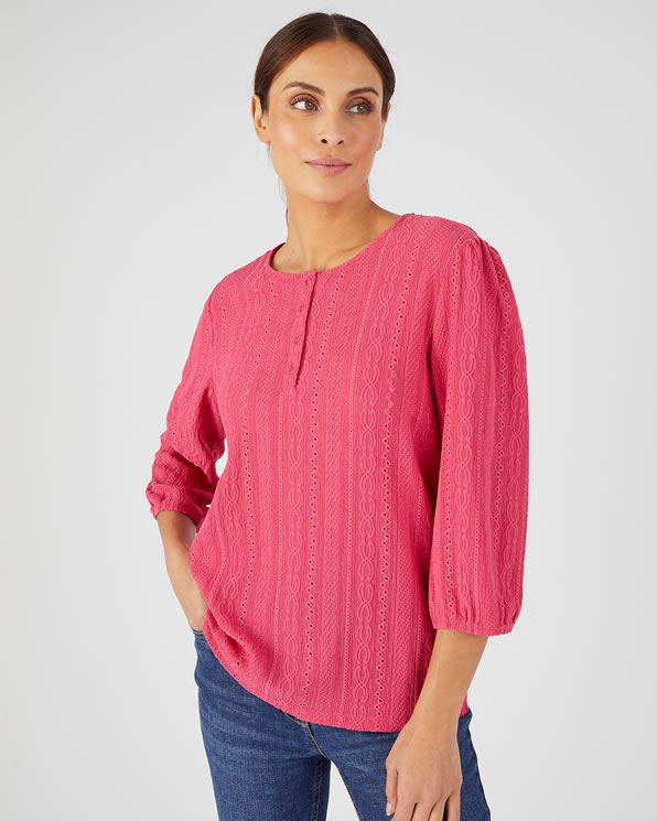 Top maille jacquard stretch ajourée et brodée