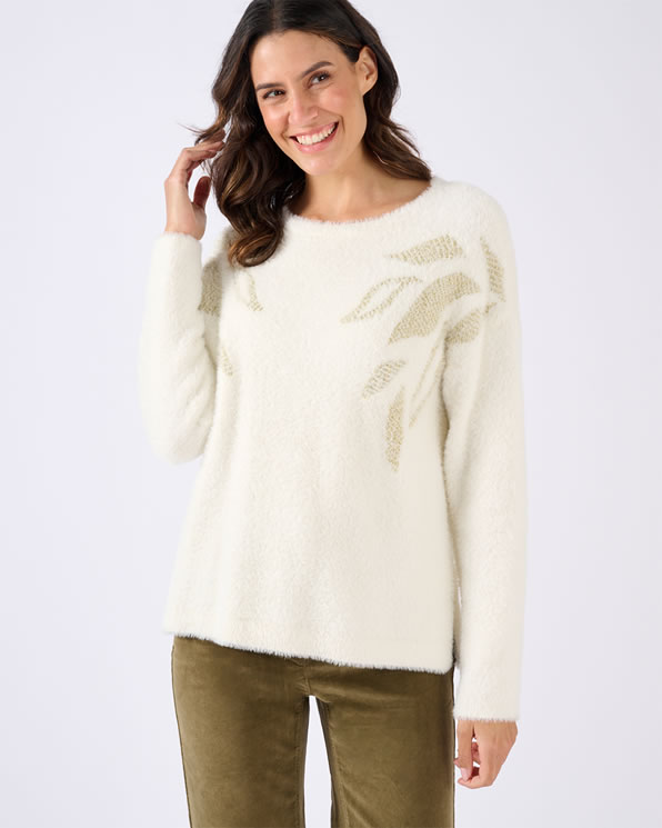 Pull maille poilue à motif végétal brillant
