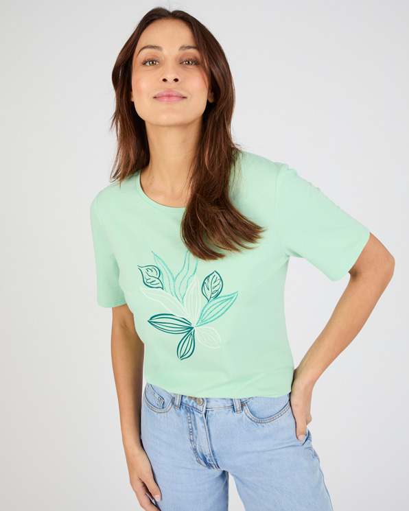 T-shirt maille jersey motif feuillage