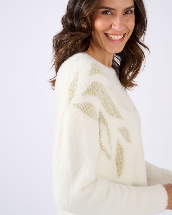 Pull maille poilue à motif végétal brillant