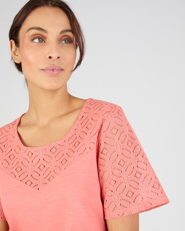 T-shirt pur coton empiècement macramé