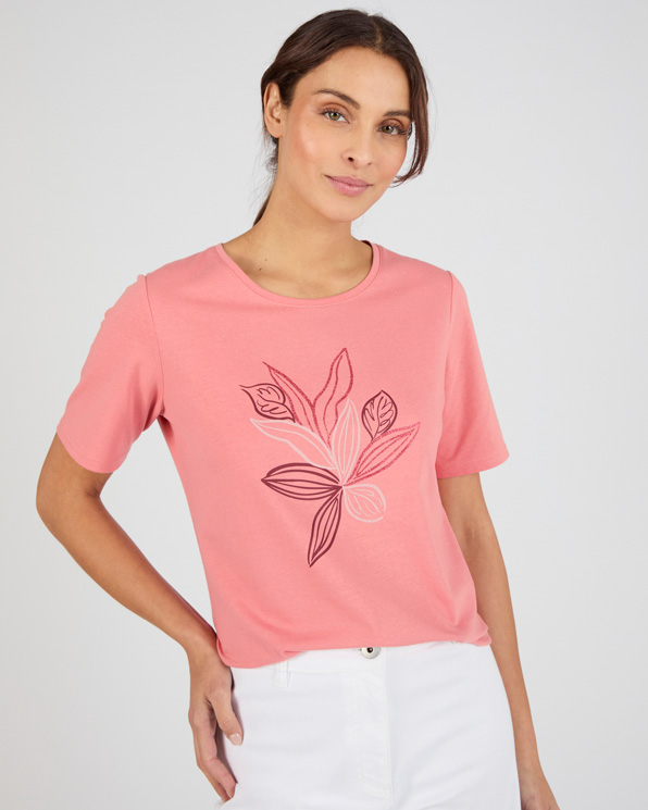 T-shirt maille jersey motif feuillage