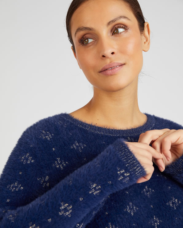 Pull jacquard en maille poilue
