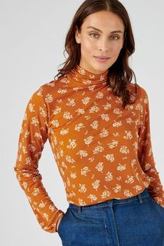 T-shirt maille crêpe recyclée col montant imprimé fleuri