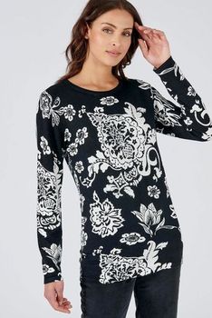 Pull bicolore motif floral et strass
