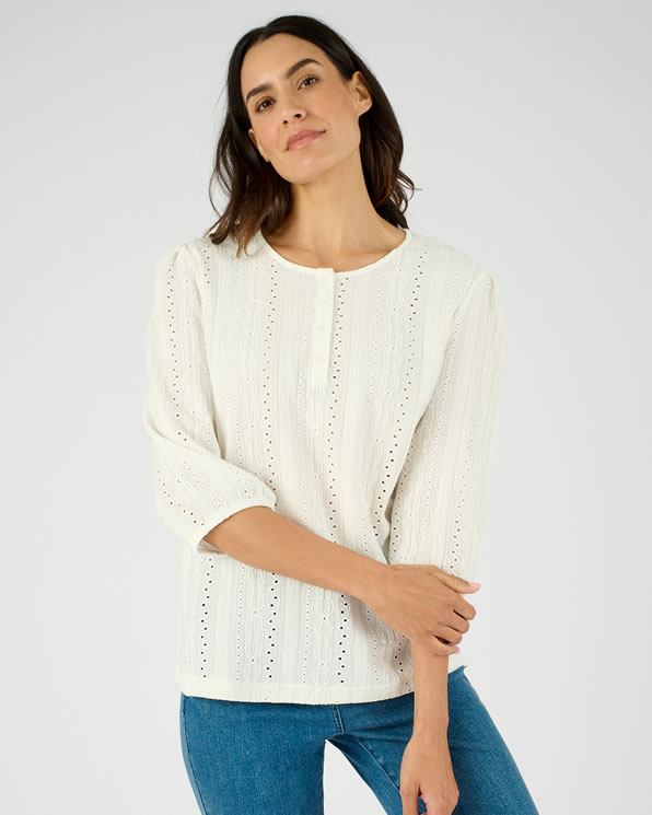 Top maille jacquard stretch ajourée et brodée