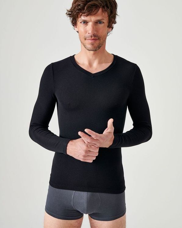 T-shirt col V manches longues fine côte Thermolactyl Sensitive