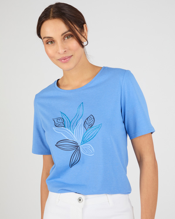 T-shirt maille jersey motif feuillage