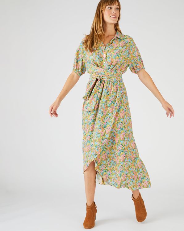 Robe longue esprit cache c ur tissu cr ponn fleuri Robes