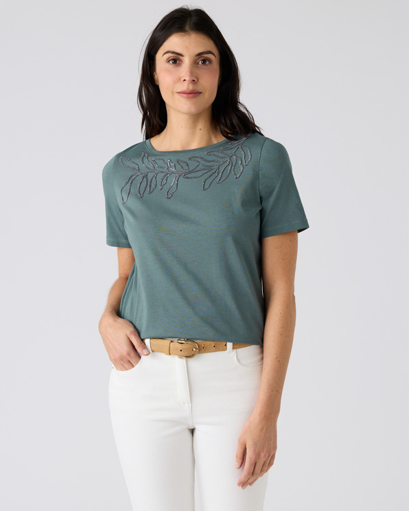 T-shirt broderie et sequins pur coton